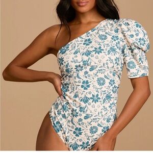 NWT Free People Somethin' 'Bout You Teal Blue Floral One Shoulder Bodysuit